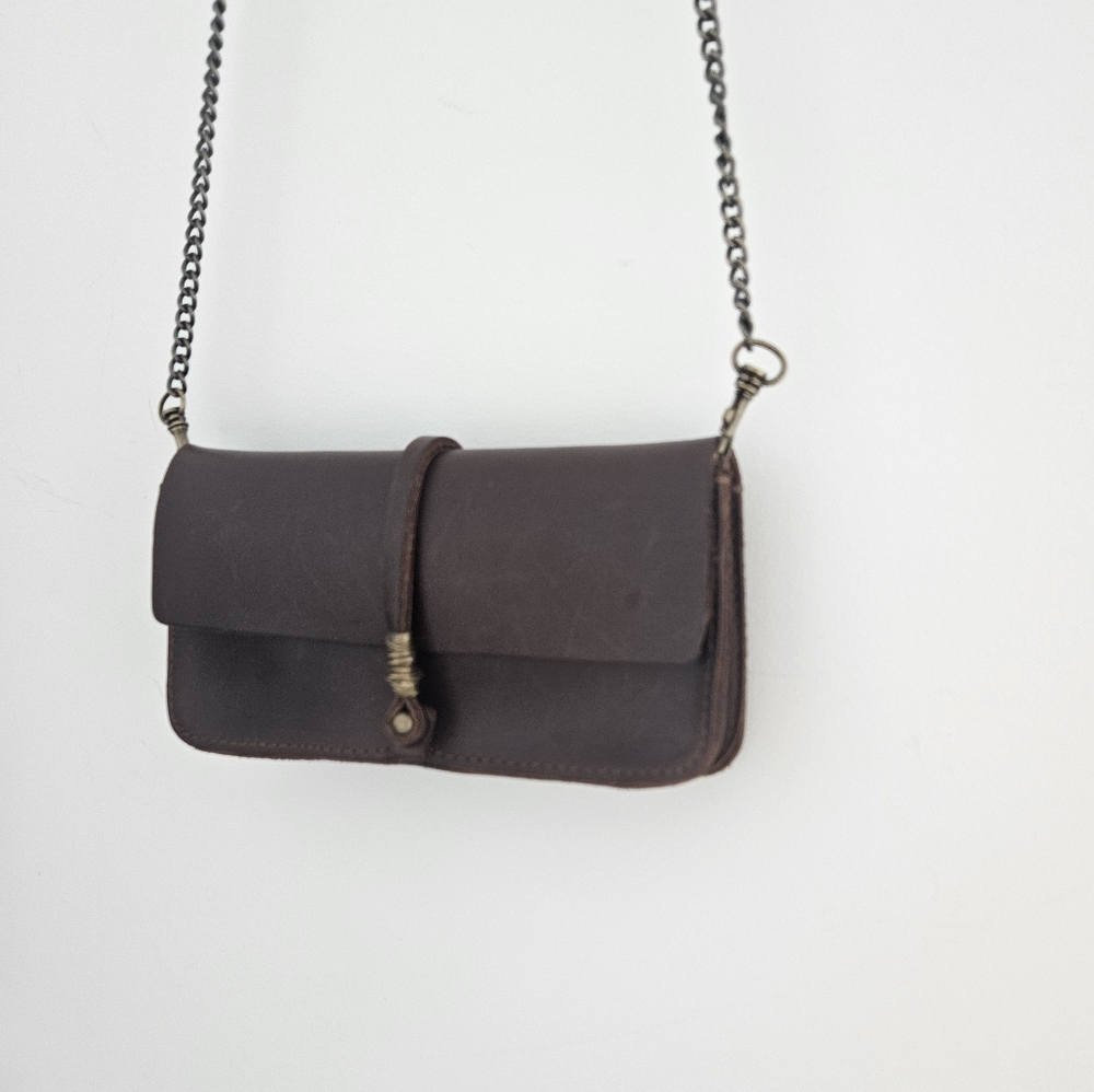 JO Brown Leather And Copper Accents Tiny Chain Strap Handbag